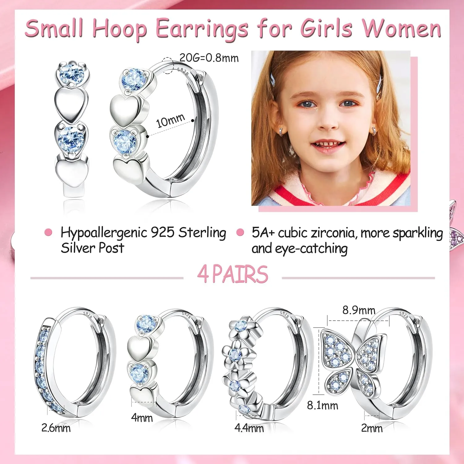 925 Sterling Silver Post Small Hoop Earrings For Girls - Hypoallergenic Huggie Earrings for Women Cute Heart Flowers Butterfly Star Cubic Zirconia Cartilage Earrings For Sensitive Ears 4Pairs