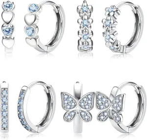 925 Sterling Silver Post Small Hoop Earrings For Girls - Hypoallergenic Huggie Earrings for Women Cute Heart Flowers Butterfly Star Cubic Zirconia Cartilage Earrings For Sensitive Ears 4Pairs