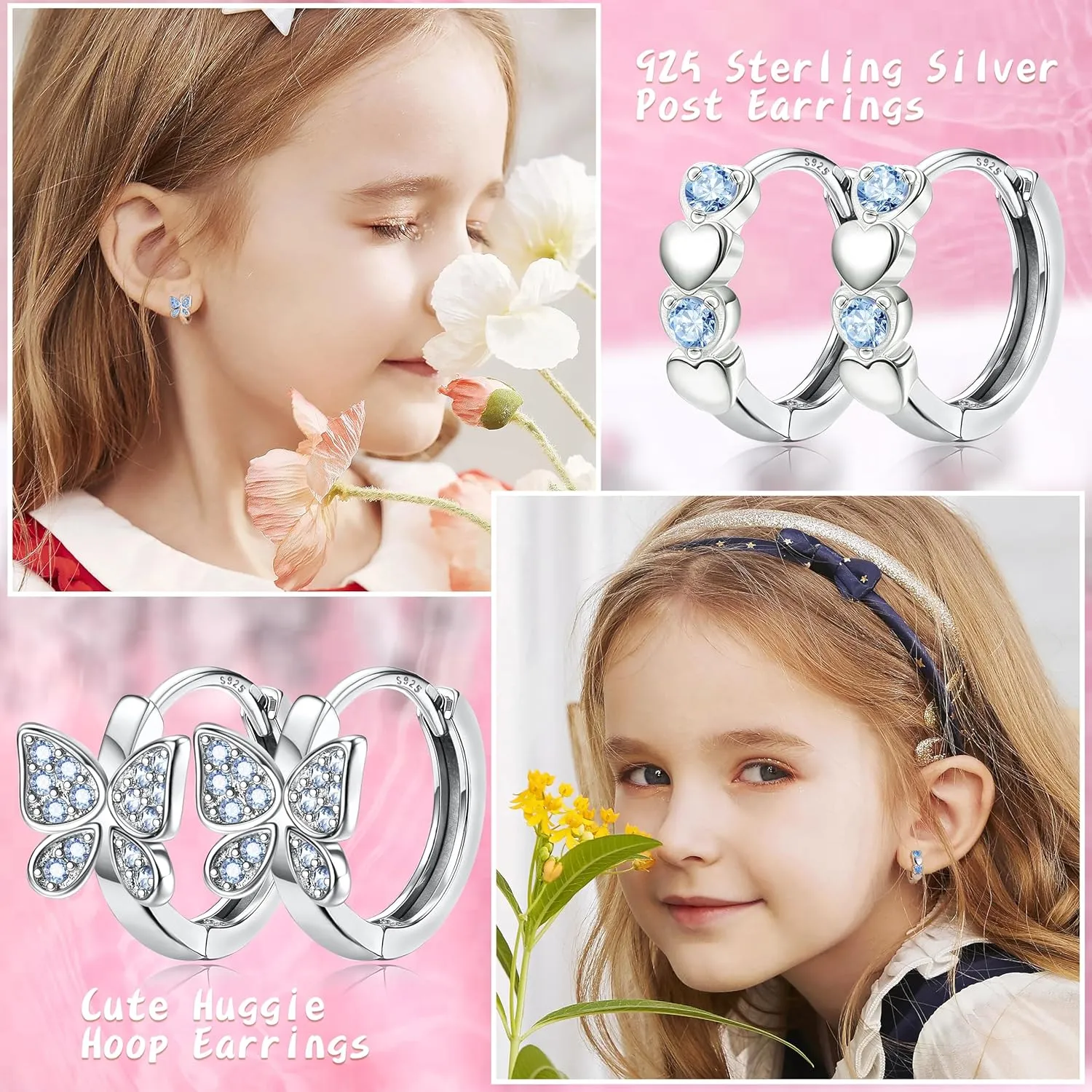 925 Sterling Silver Post Small Hoop Earrings For Girls - Hypoallergenic Huggie Earrings for Women Cute Heart Flowers Butterfly Star Cubic Zirconia Cartilage Earrings For Sensitive Ears 4Pairs