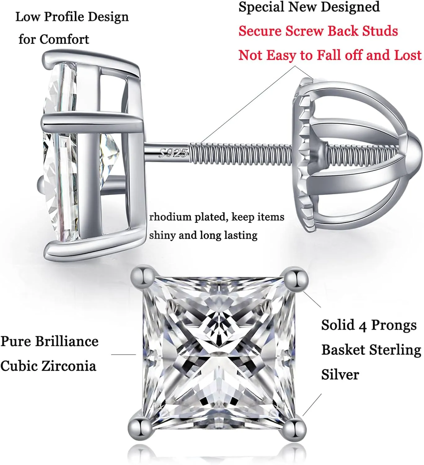 925 Sterling Silver Stud Earrings with Flat Screw Back, Round Cut/Square Cut Cubic Zirconia Hypoallergenic Stud Earrings for Women Men, Long & Thick Post, 4MM-8MM