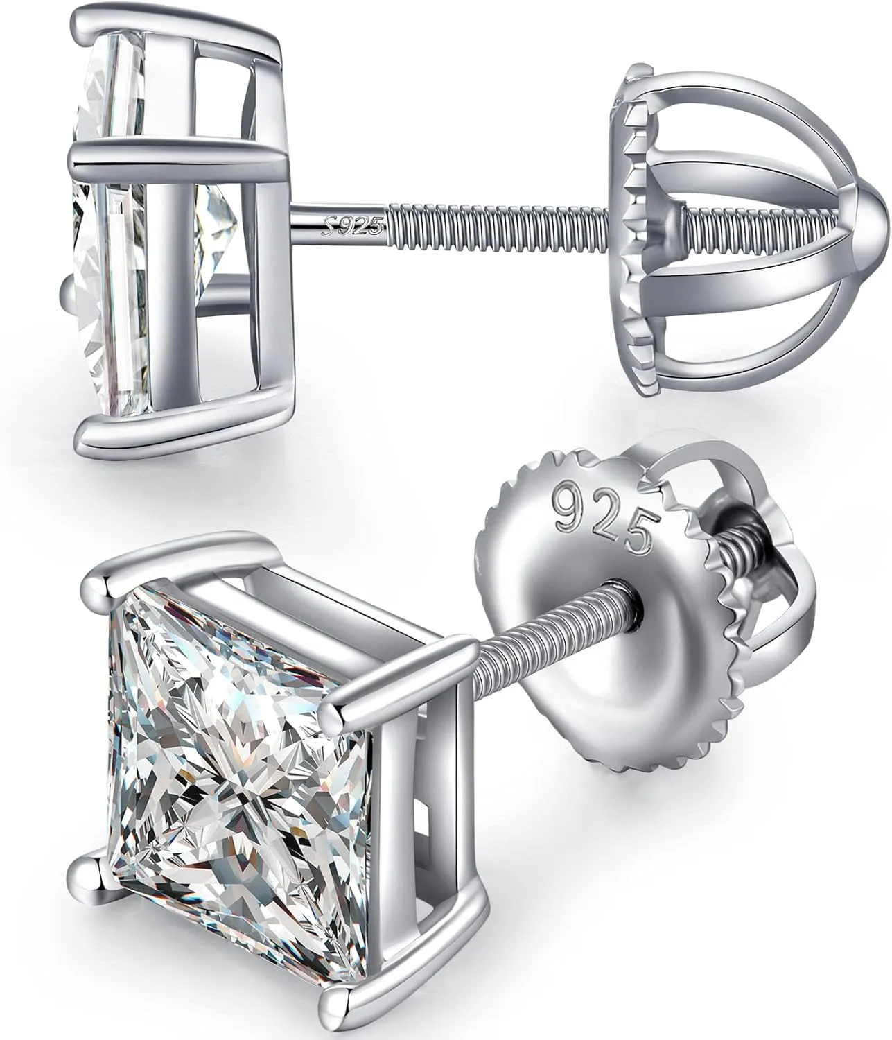 925 Sterling Silver Stud Earrings with Flat Screw Back, Round Cut/Square Cut Cubic Zirconia Hypoallergenic Stud Earrings for Women Men, Long & Thick Post, 4MM-8MM