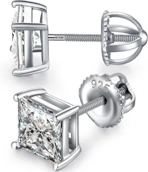 925 Sterling Silver Stud Earrings with Flat Screw Back, Round Cut/Square Cut Cubic Zirconia Hypoallergenic Stud Earrings for Women Men, Long & Thick Post, 4MM-8MM
