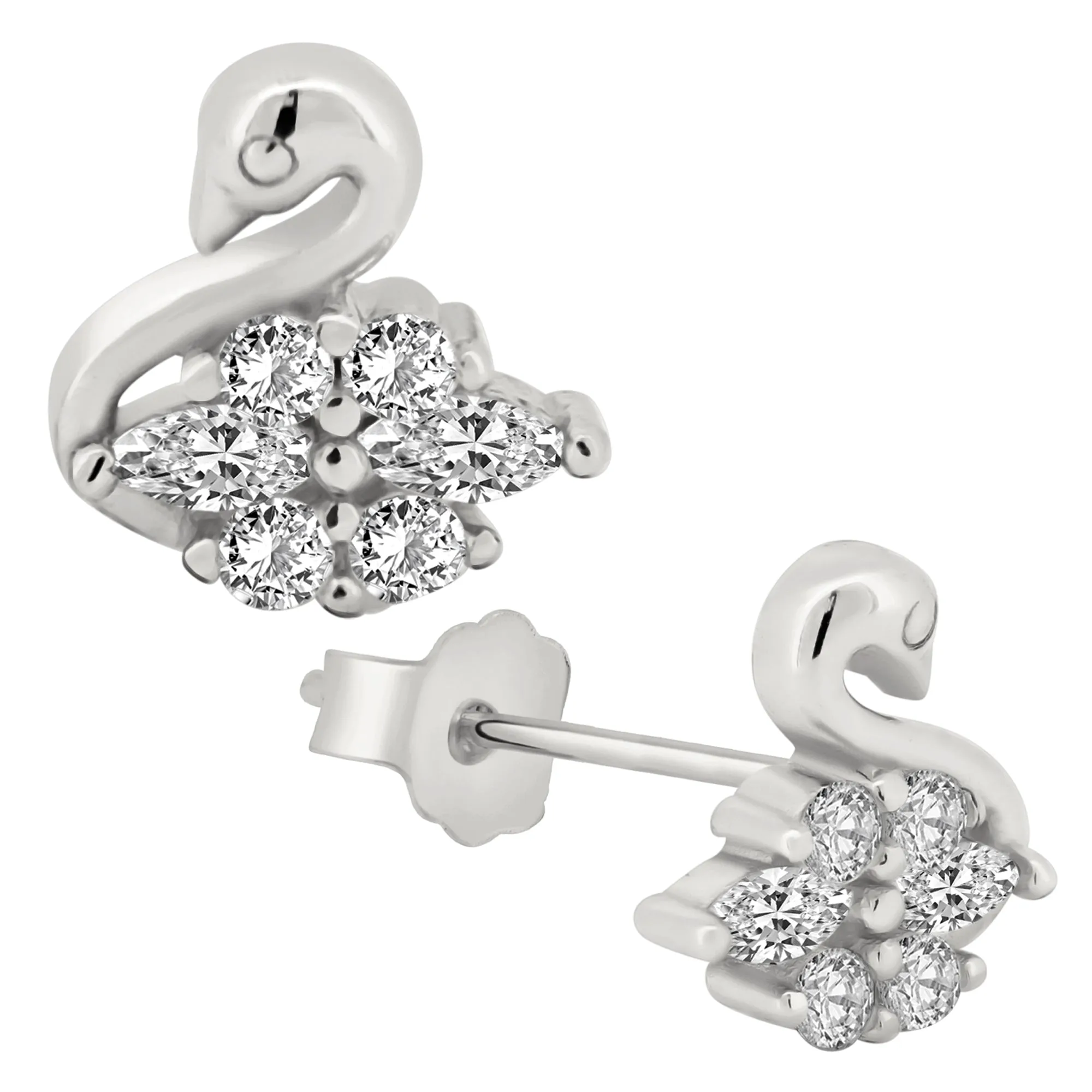 925 Sterling Silver Swan Design with Cubic Zirconia Earrings Stud Push Backing