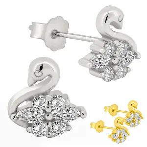 925 Sterling Silver Swan Design with Cubic Zirconia Earrings Stud Push Backing