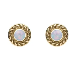9ct Yellow Gold Opal Round Rope Edge Stud Earrings