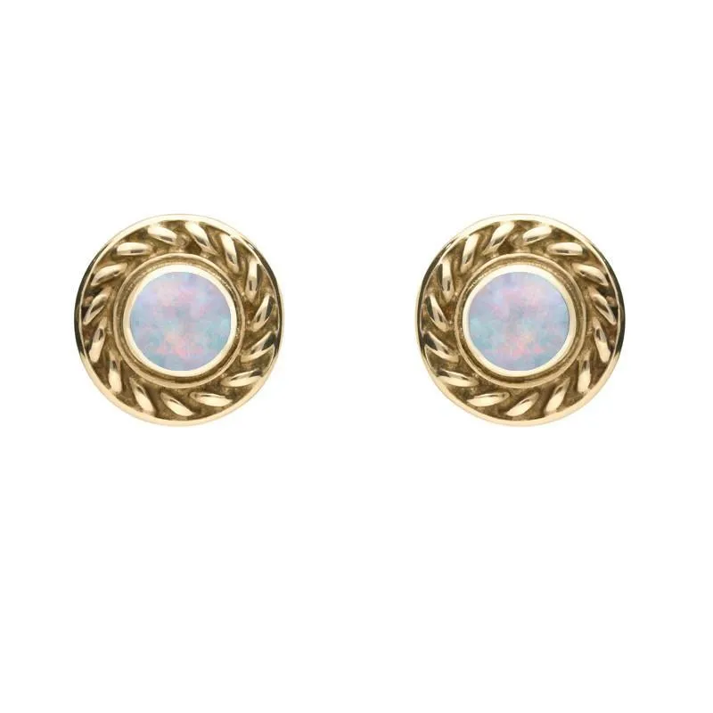 9ct Yellow Gold Opal Round Rope Edge Stud Earrings