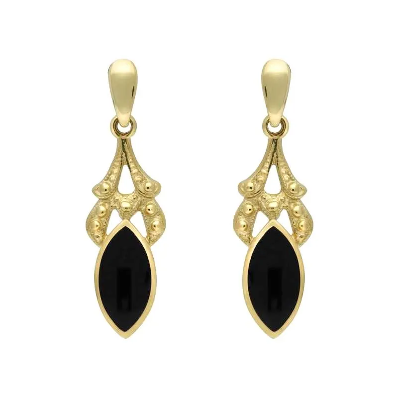 9ct Yellow Gold Whitby Jet Marquise Drop Earrings
