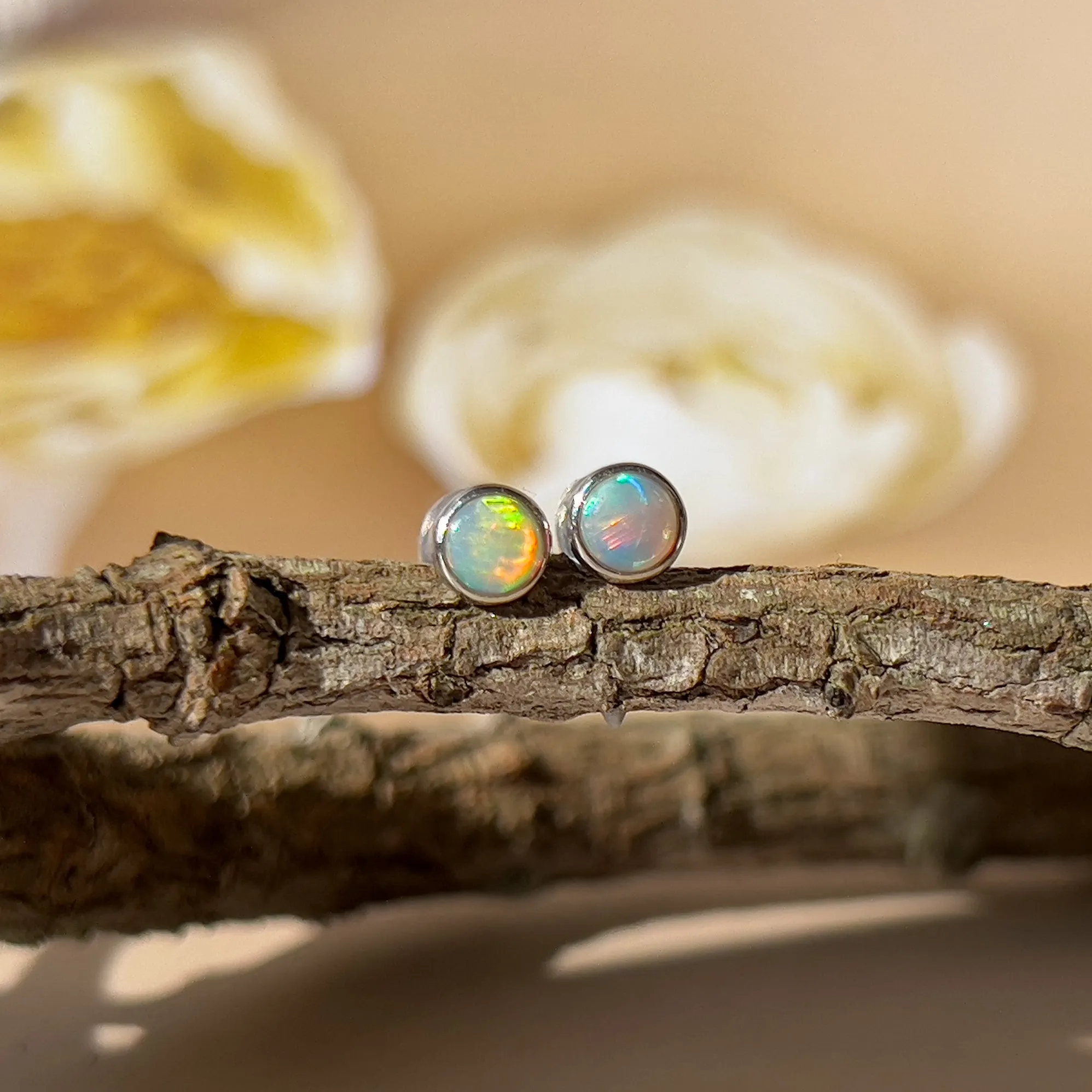 9KT White Gold Crystal Opal Stud Earrings, 3mm, Handmade Dainty Gift for Her, Opal Birthstone Jewelry