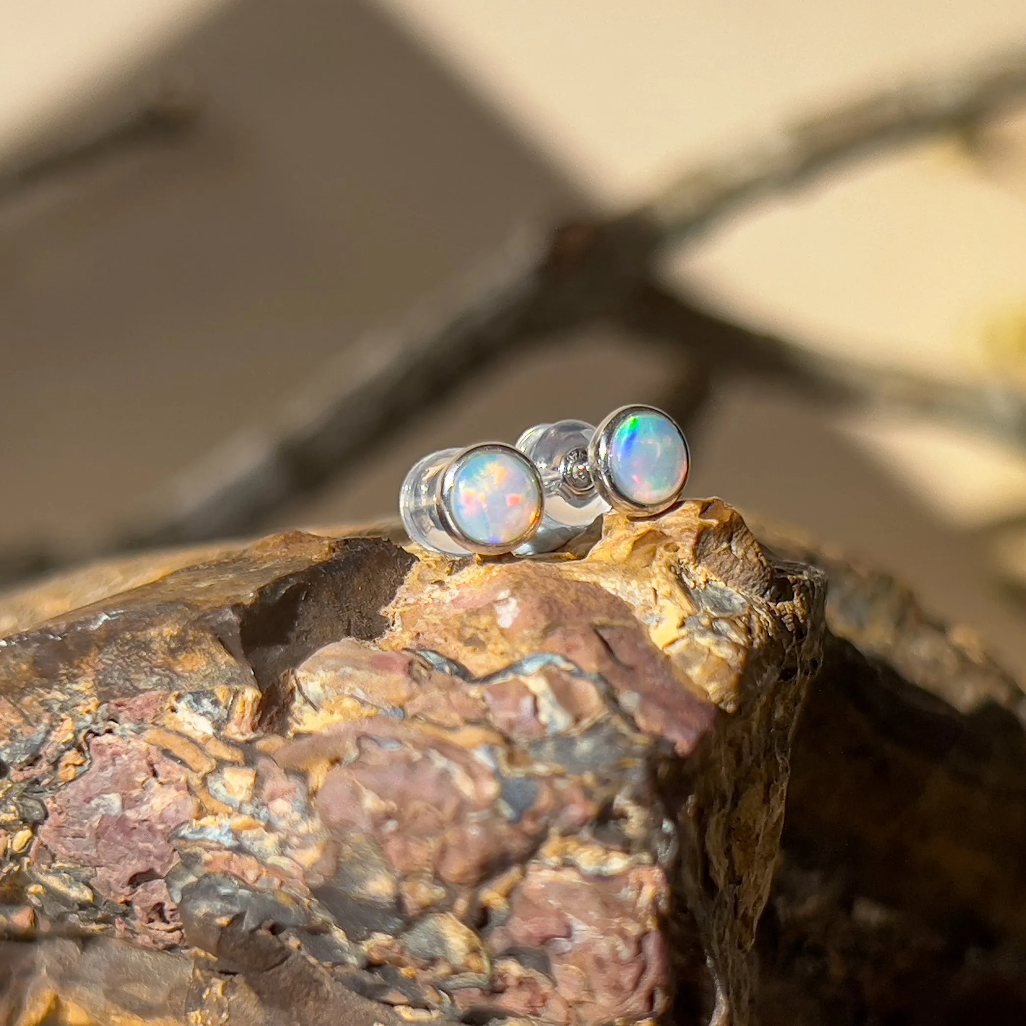 9KT White Gold Crystal Opal Stud Earrings, 3mm, Handmade Dainty Gift for Her, Opal Birthstone Jewelry