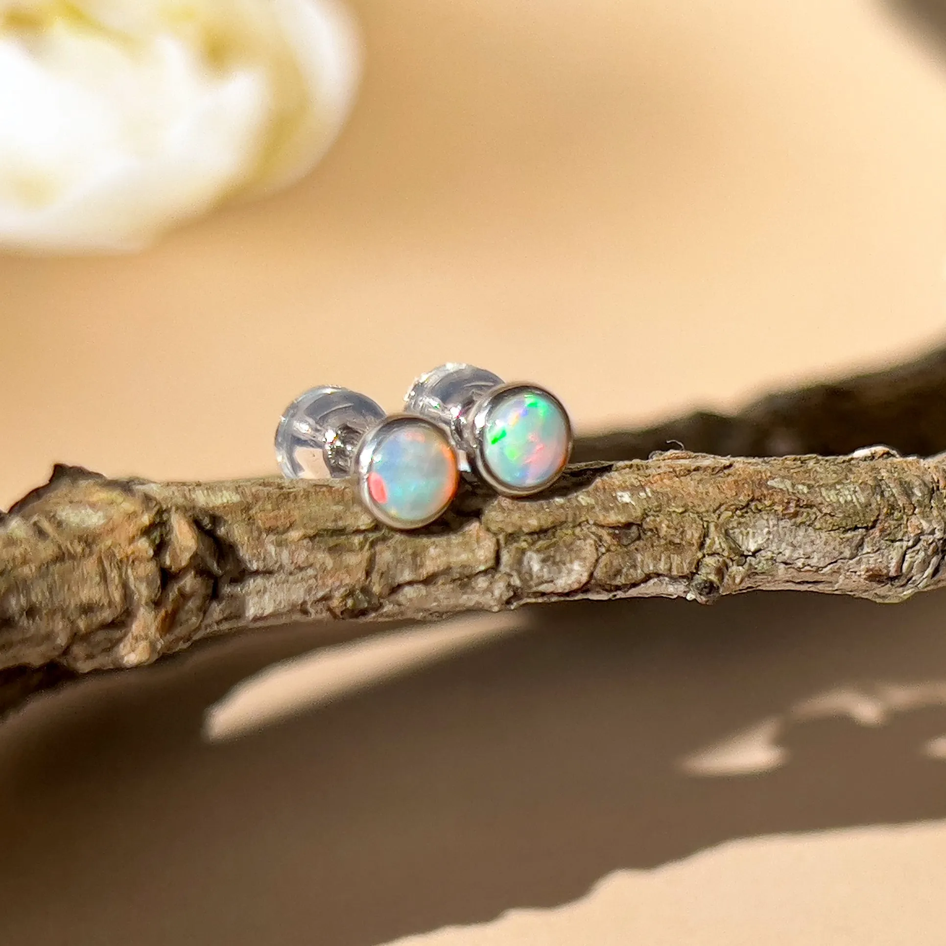 9KT White Gold Crystal Opal Stud Earrings, 3mm, Handmade Dainty Gift for Her, Opal Birthstone Jewelry