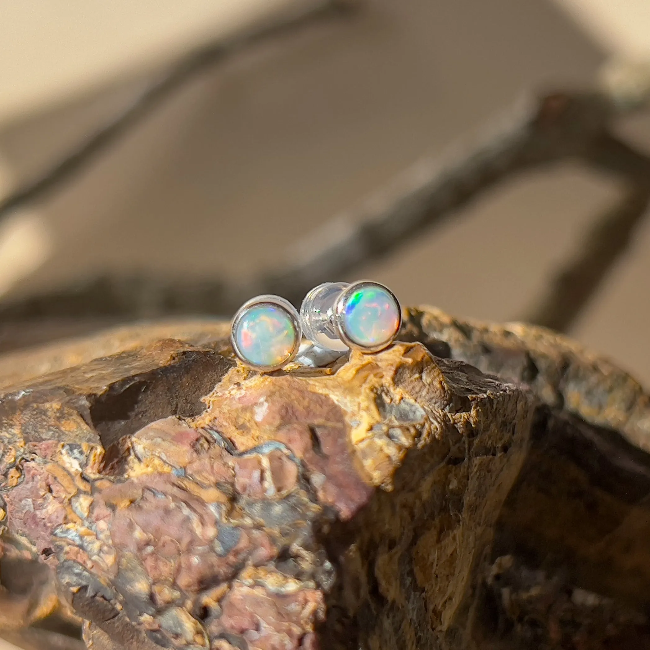 9KT White Gold Crystal Opal Stud Earrings, 3mm, Handmade Dainty Gift for Her, Opal Birthstone Jewelry