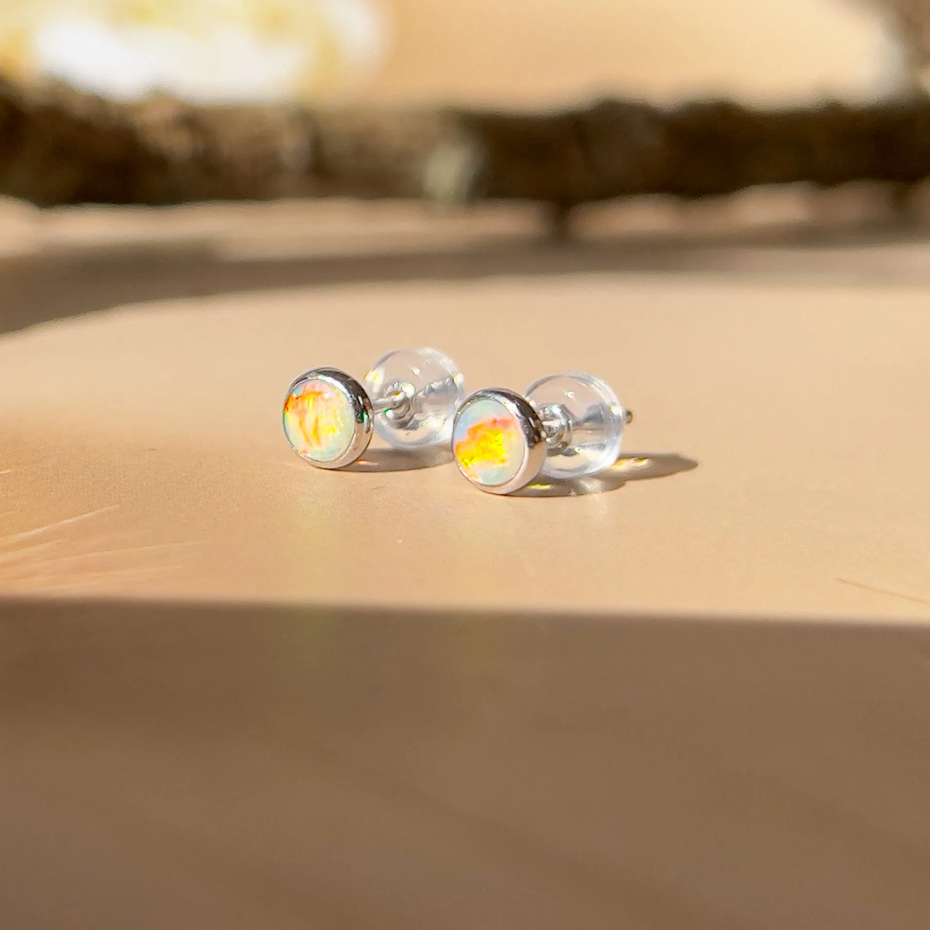 9KT White Gold Crystal Opal Stud Earrings, 3mm, Handmade Dainty Gift for Her, Opal Birthstone Jewelry