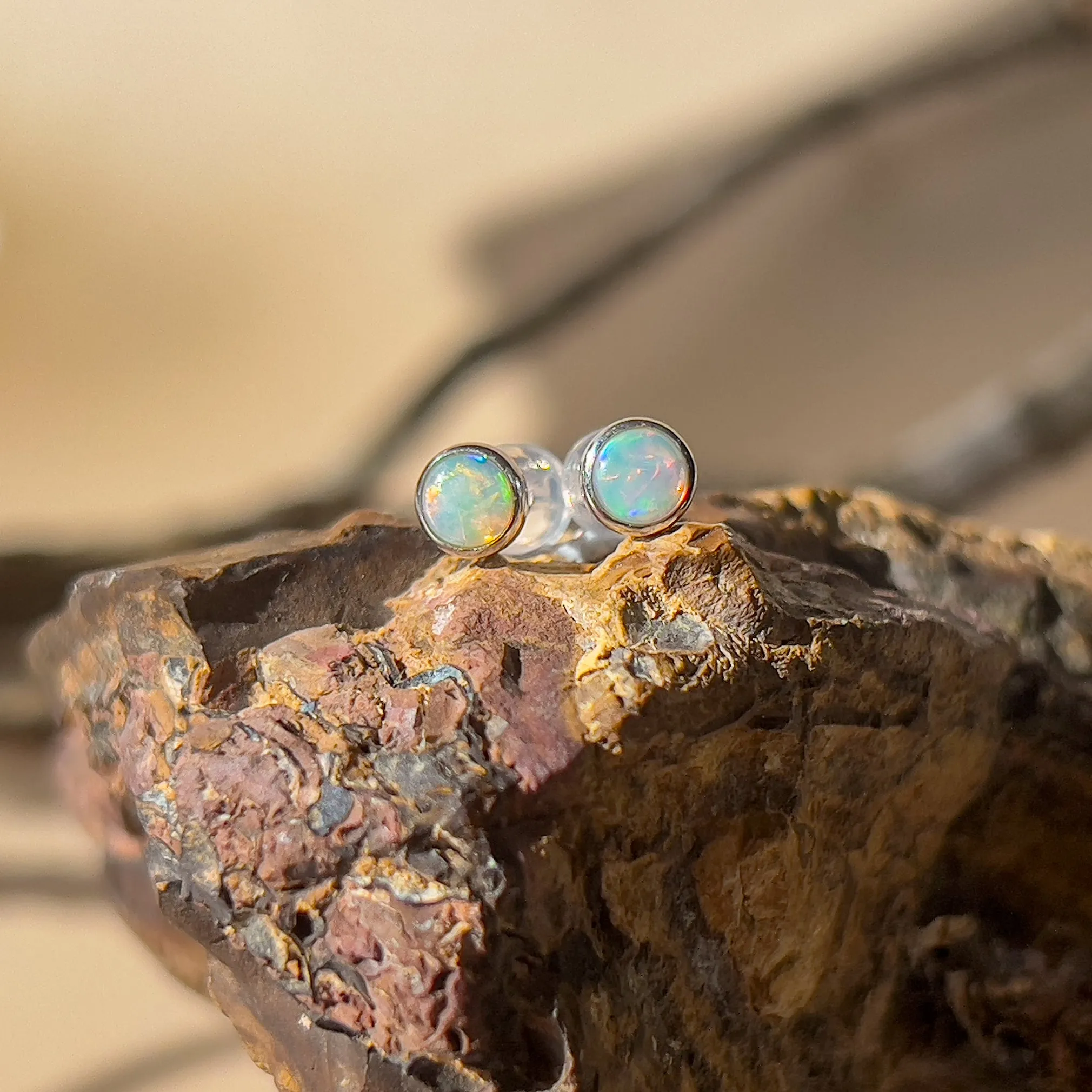 9KT White Gold Crystal Opal Stud Earrings, 3mm, Handmade Dainty Gift for Her, Opal Birthstone Jewelry