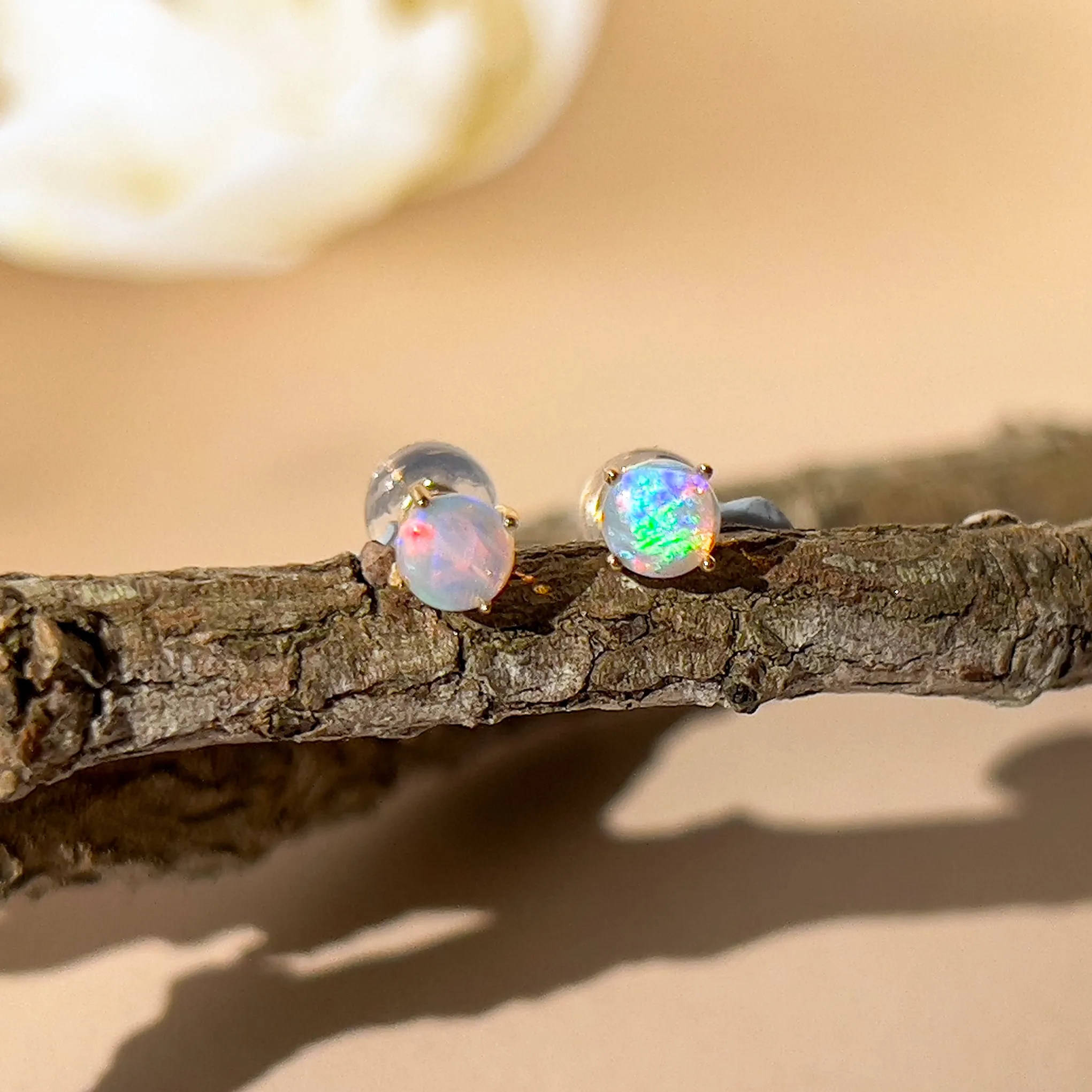 9KT Yellow Gold Crystal Opal Stud Earrings, 4mm, Dainty Handmade Gift for Her, Birthstone Jewelry