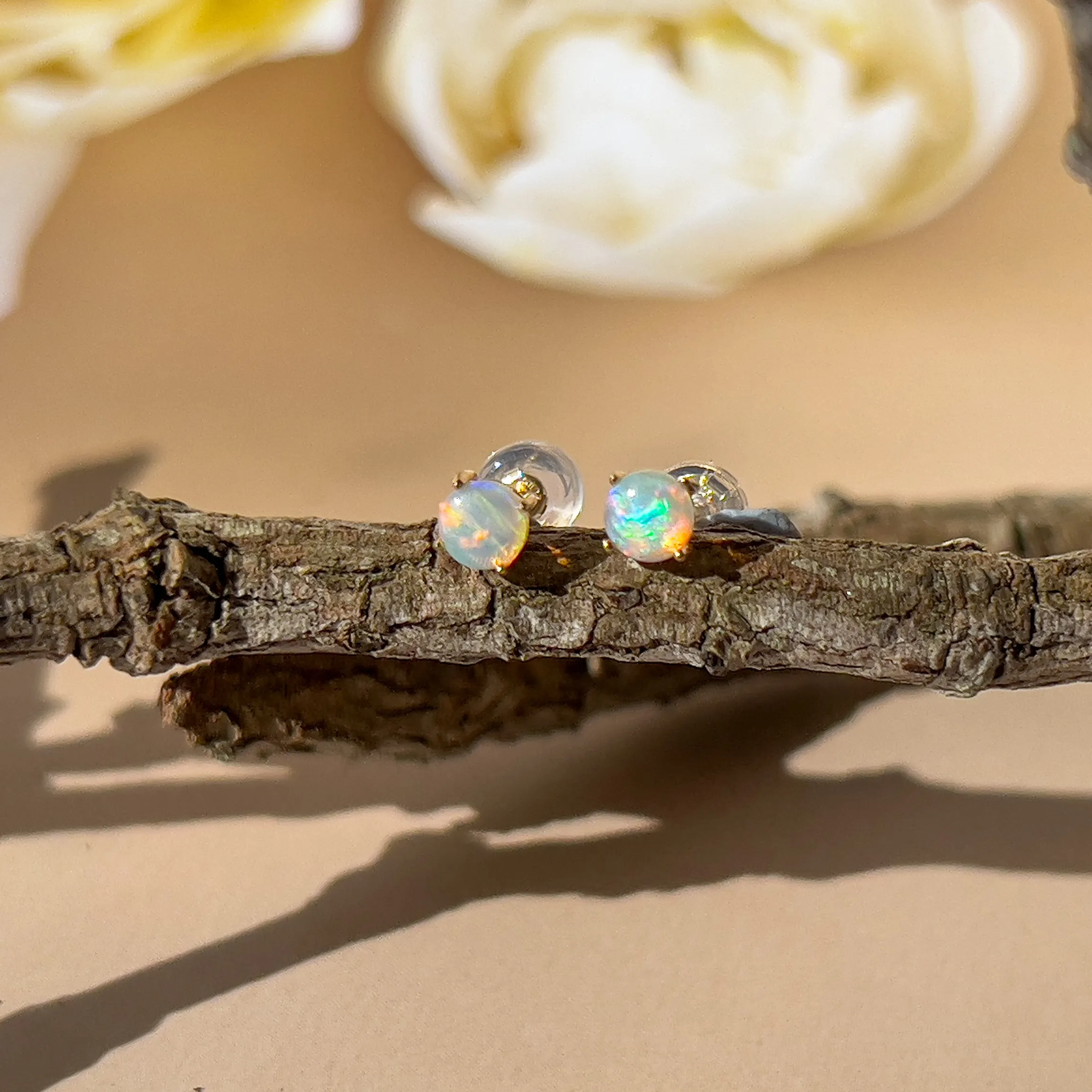 9KT Yellow Gold Crystal Opal Stud Earrings, 4mm, Dainty Handmade Gift for Her, Birthstone Jewelry