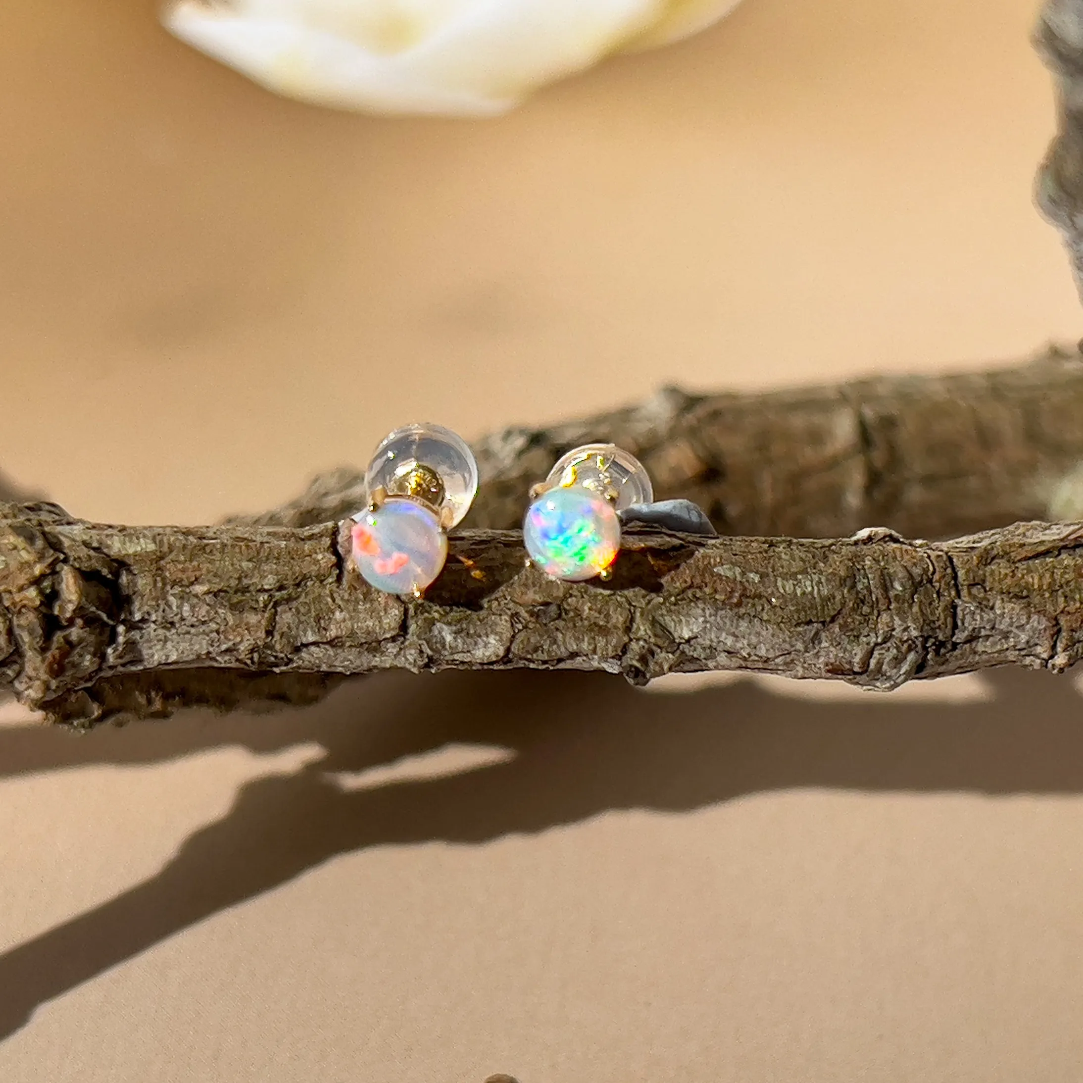 9KT Yellow Gold Crystal Opal Stud Earrings, 4mm, Dainty Handmade Gift for Her, Birthstone Jewelry