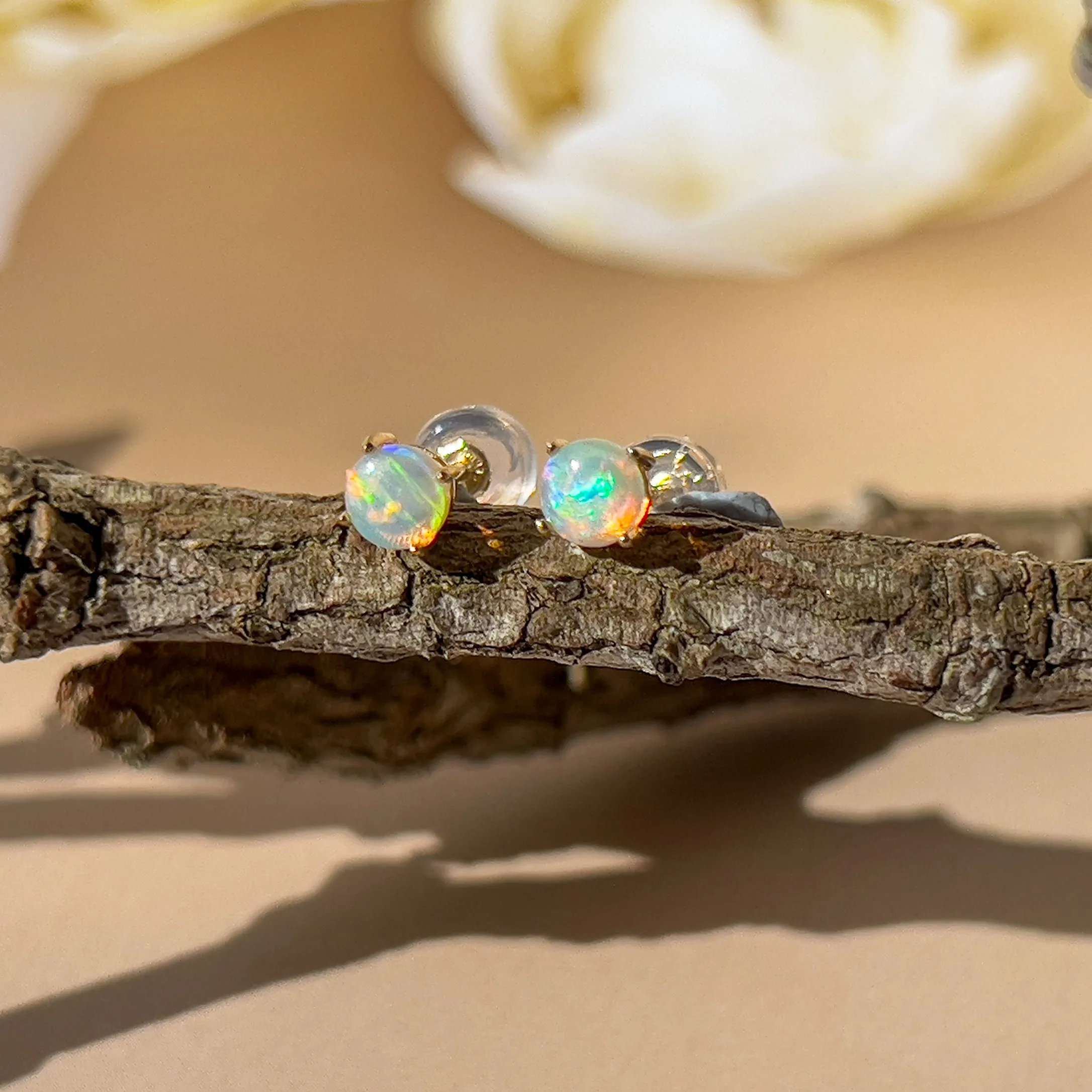 9KT Yellow Gold Crystal Opal Stud Earrings, 4mm, Dainty Handmade Gift for Her, Birthstone Jewelry