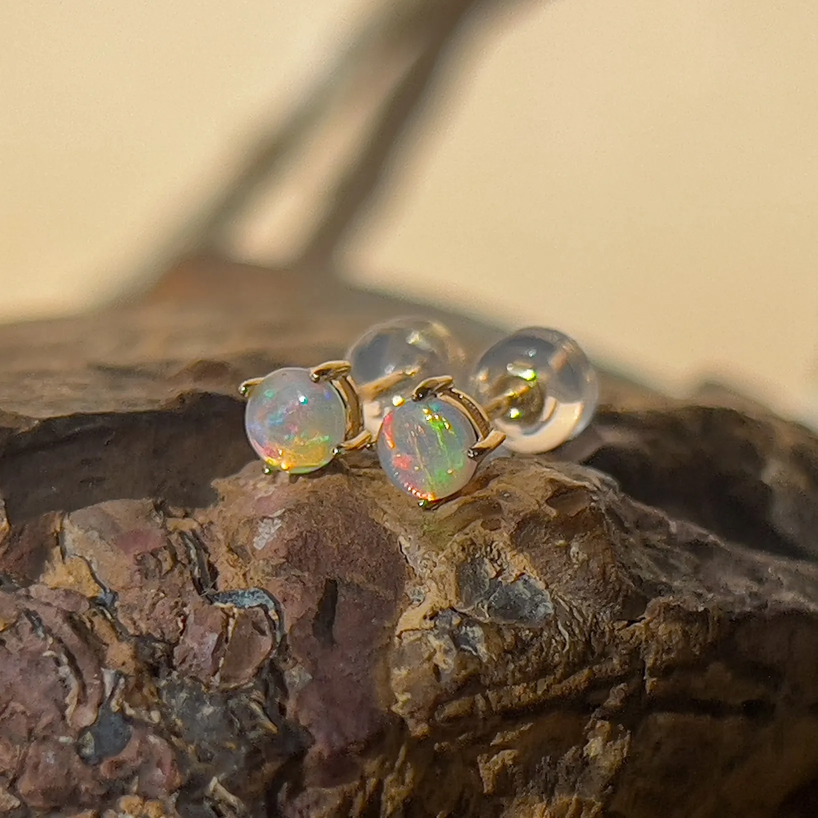 9KT Yellow Gold Crystal Opal Stud Earrings, 4mm, Dainty Handmade Gift for Her, Birthstone Jewelry
