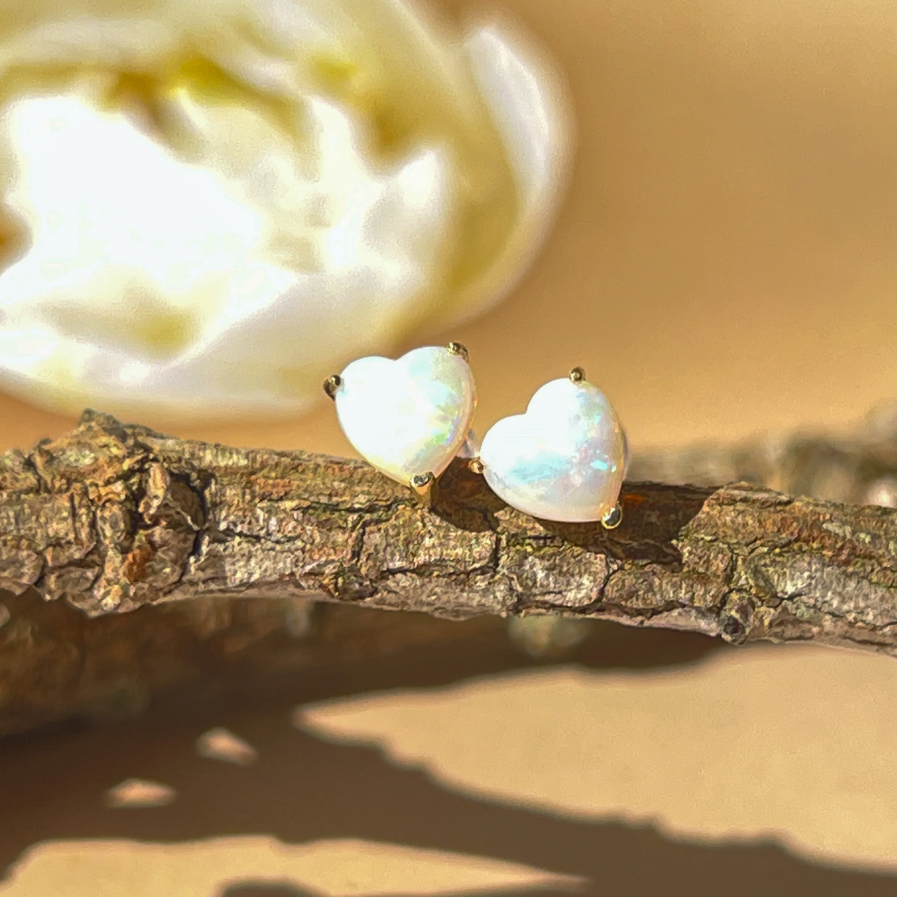 9KT Yellow Gold Heart Opal Stud Earrings, 6mm, Handmade Dainty Gift for Her, Birthstone Jewelry