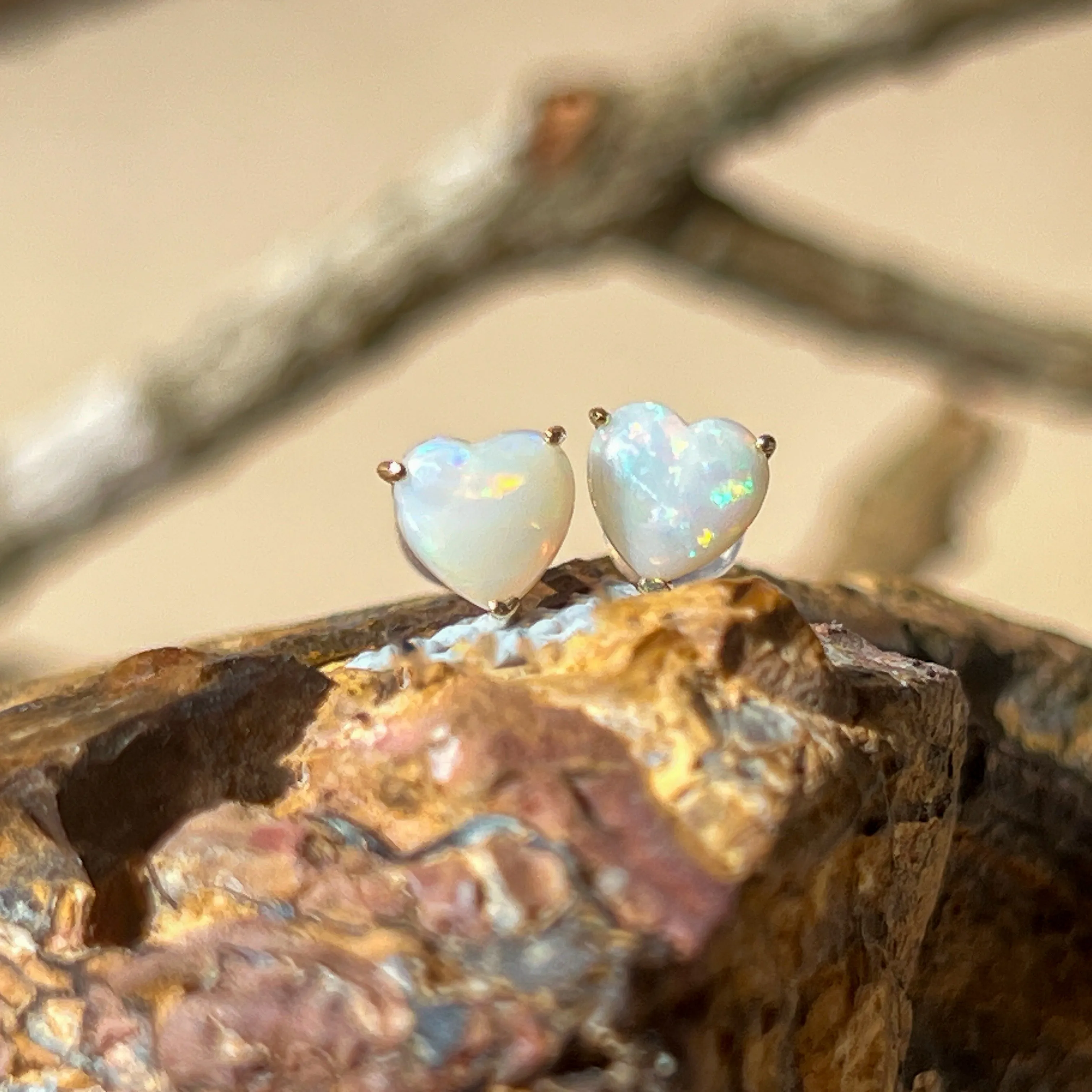 9KT Yellow Gold Heart Opal Stud Earrings, 6mm, Handmade Dainty Gift for Her, Birthstone Jewelry