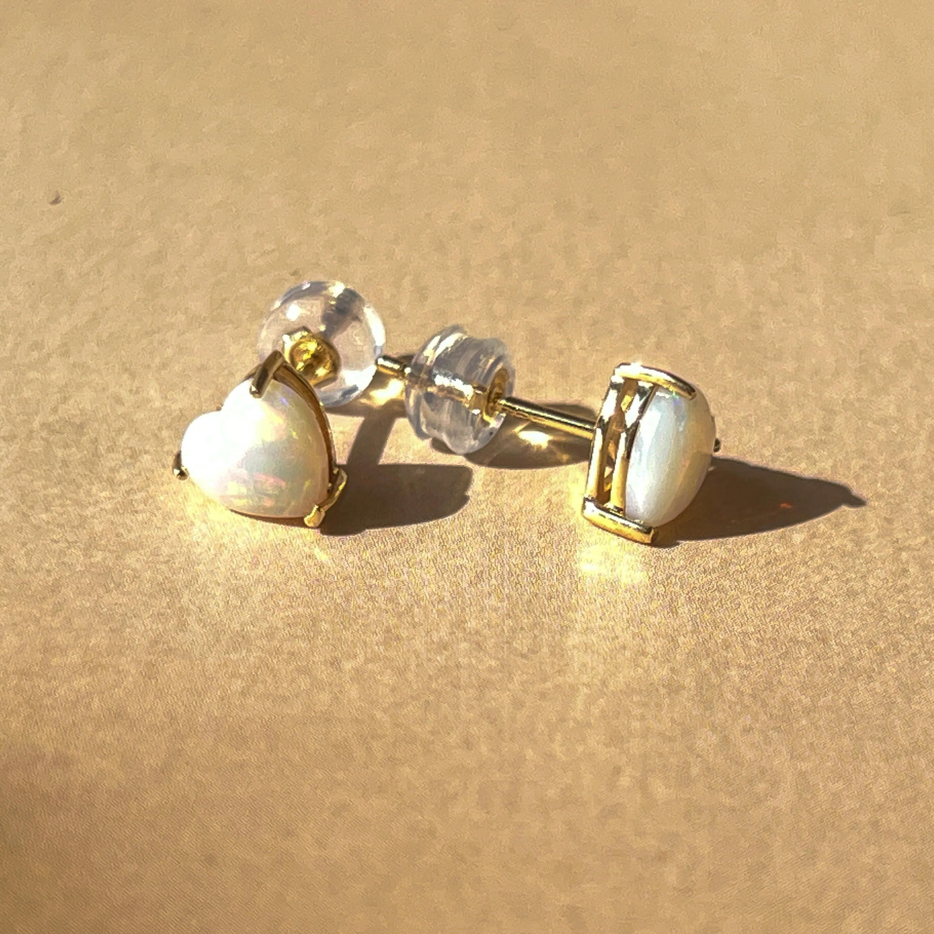 9KT Yellow Gold Heart Opal Stud Earrings, 6mm, Handmade Dainty Gift for Her, Birthstone Jewelry