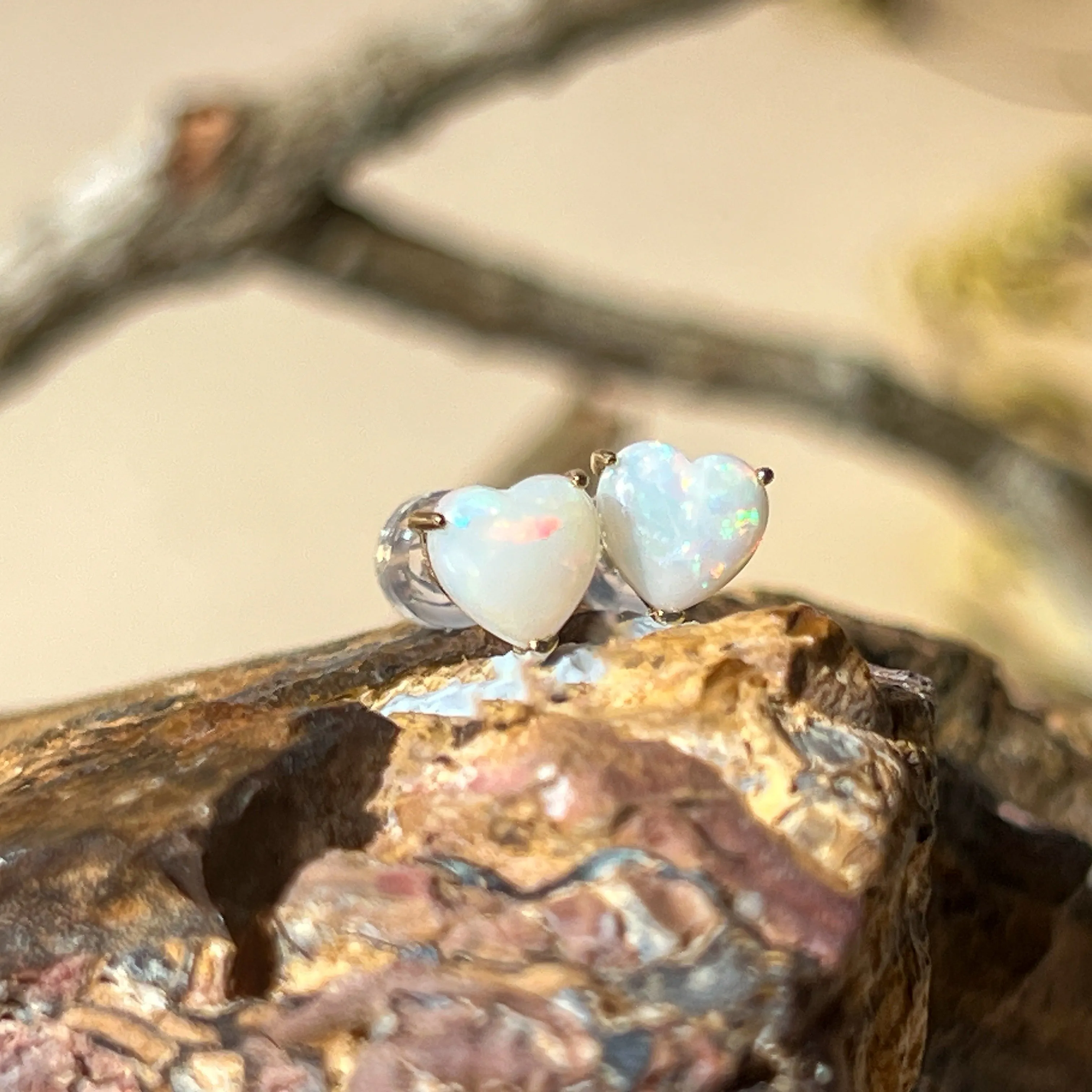 9KT Yellow Gold Heart Opal Stud Earrings, 6mm, Handmade Dainty Gift for Her, Birthstone Jewelry