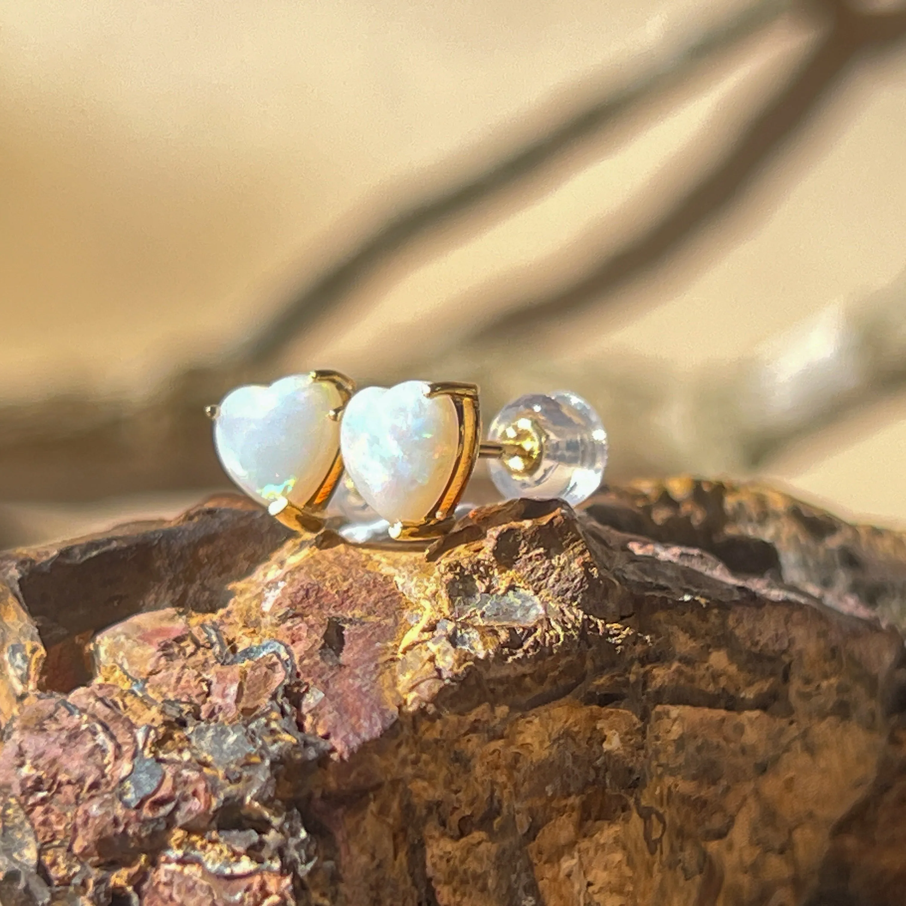 9KT Yellow Gold Heart Opal Stud Earrings, 6mm, Handmade Dainty Gift for Her, Birthstone Jewelry
