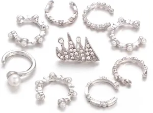 9pcs Vintage Boho Wraps Earrings Cubic Zirconia Pearls Cuffs Earrings Tiny Clip-on Earrings for Women (Sliver, One Size)