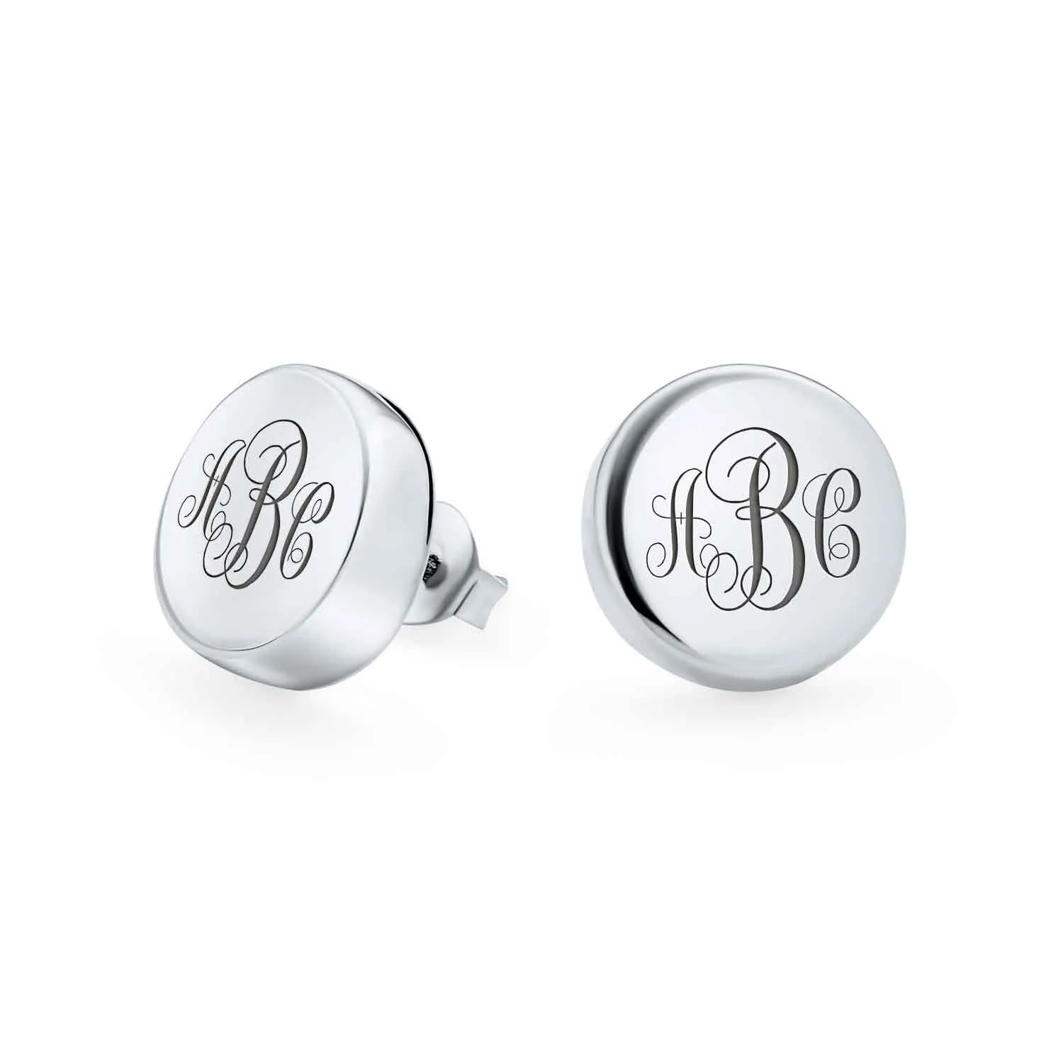 ABC Initials Monogram Geometric Round Flat Disc Stud Earrings Sterling Silver 15MM