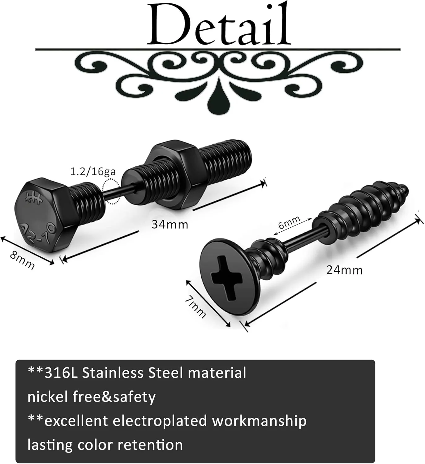 AllerPierce Stainless Steel Punk Earrings Cool Screw on Earring Studs Backs Piercing Jewelry for Men Women