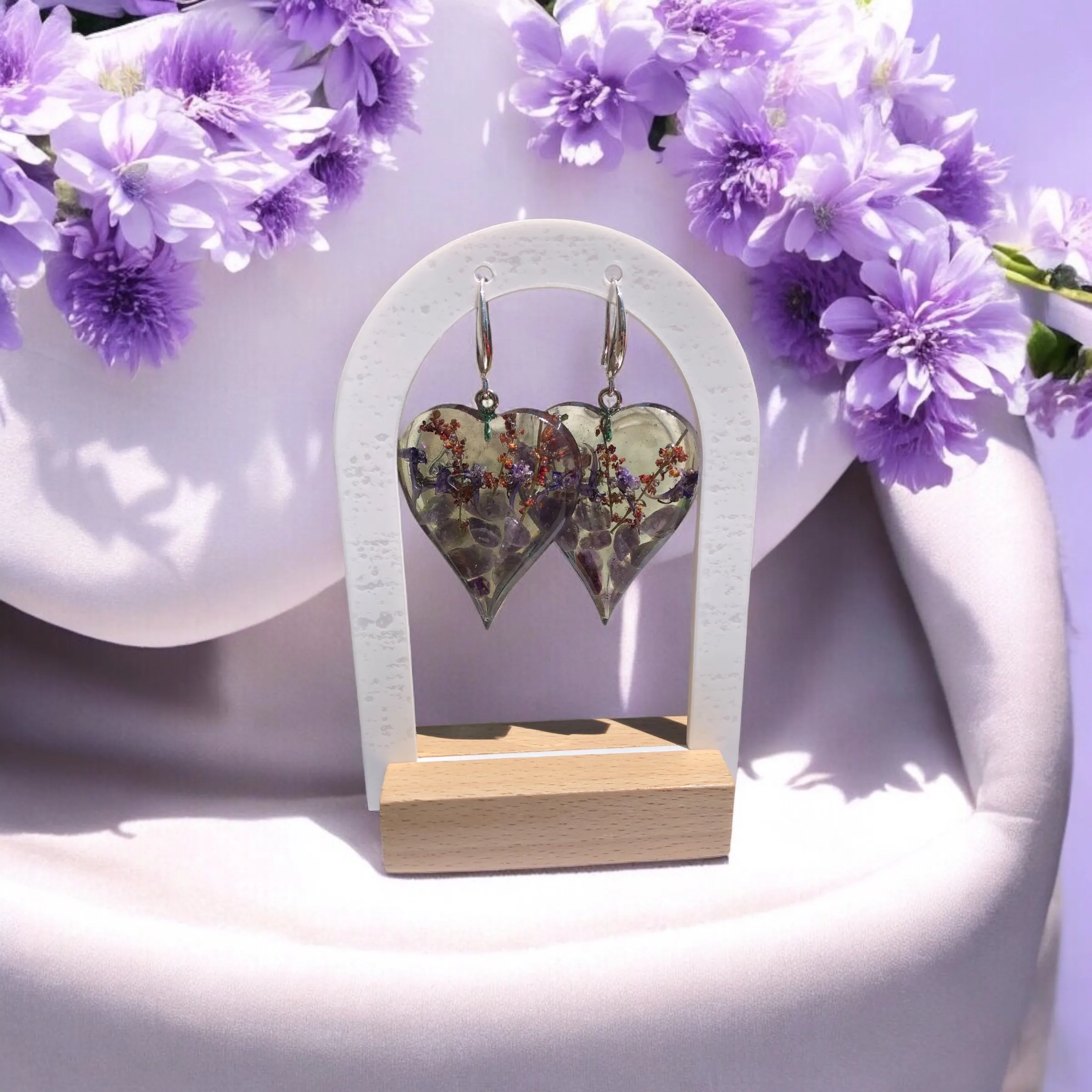 Amethyst Botanical Blossom Heart Earrings