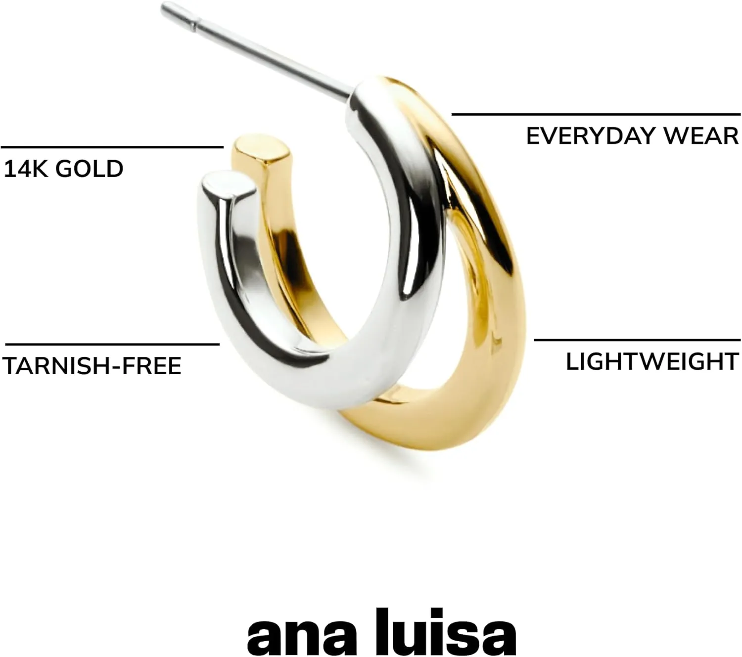Ana Luisa Trendy Huggie Hoop Earrings - Small Single and Double Hoops For Women - 14K Gold Plated, Silver Rhodium & Gold Two-Tone Hoop Earrings - Hypoallergenic, Water-Resistant & Tarnish-Free