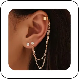 Andelaisi Boho Crystal Tassel Chain Cuff Earrings Gold Cartilage Vintage Crawler Climber Sparkly CZ Wrap Jewelry for Women and Girls