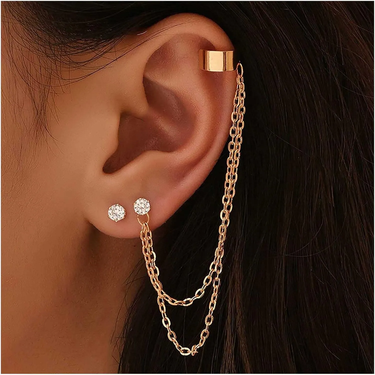 Andelaisi Boho Crystal Tassel Chain Cuff Earrings Gold Cartilage Vintage Crawler Climber Sparkly CZ Wrap Jewelry for Women and Girls