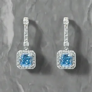 Andie 3 Carats Cushion Cut Lab Grown Fancy Vivid Blue Diamond Drop Earrings in 18K White Gold