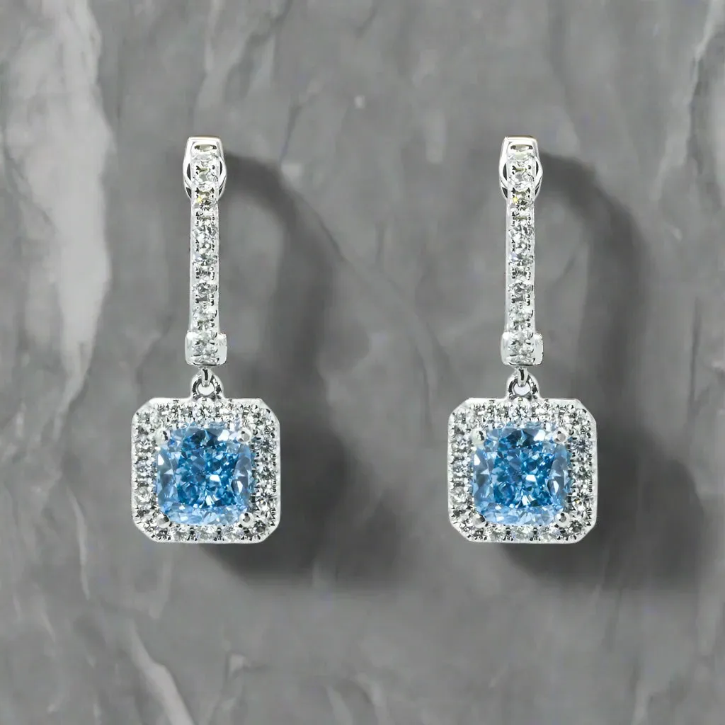 Andie 3 Carats Cushion Cut Lab Grown Fancy Vivid Blue Diamond Drop Earrings in 18K White Gold