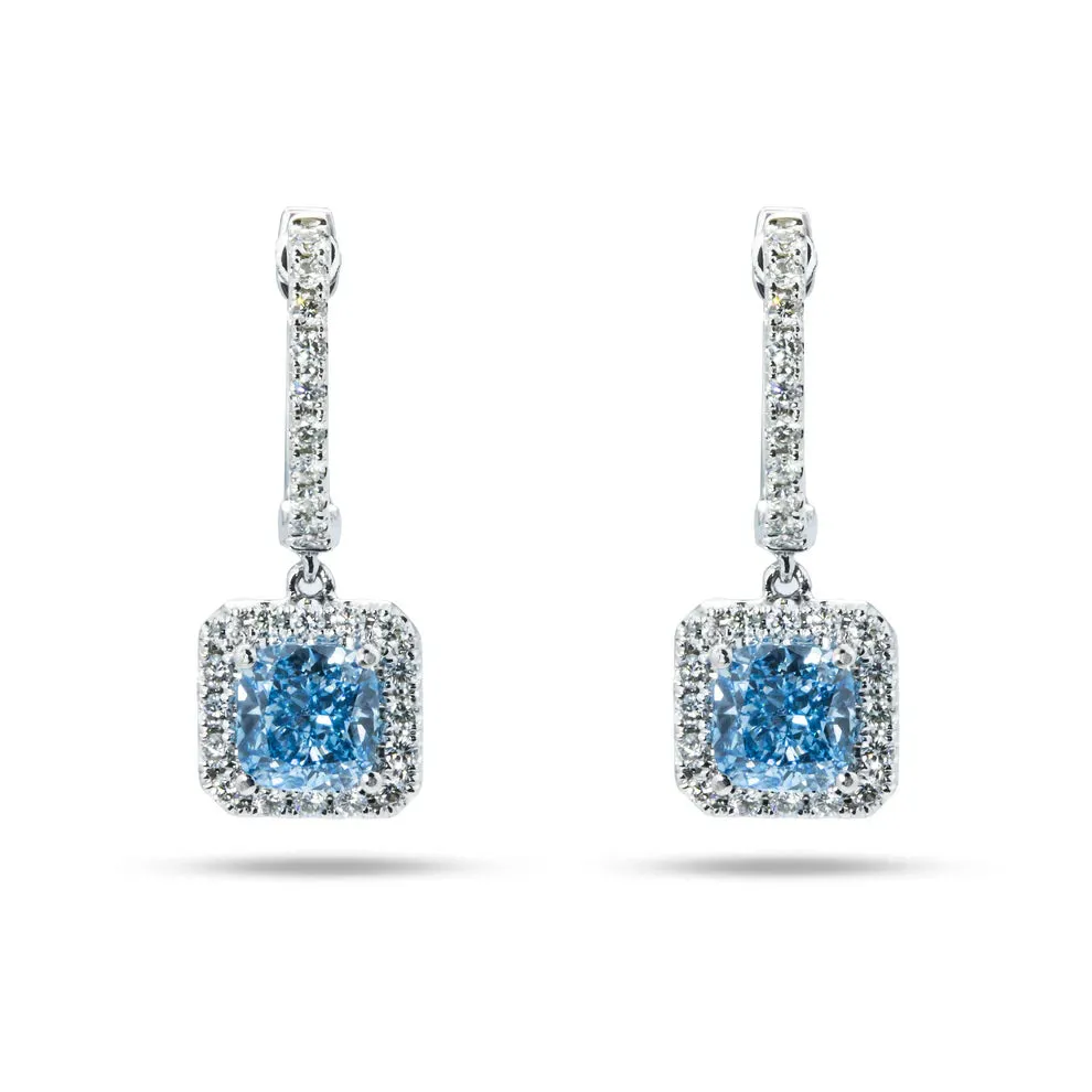 Andie 3 Carats Cushion Cut Lab Grown Fancy Vivid Blue Diamond Drop Earrings in 18K White Gold