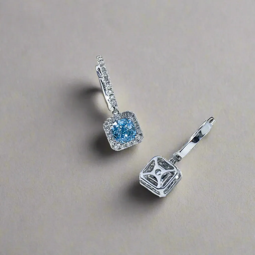 Andie 3 Carats Cushion Cut Lab Grown Fancy Vivid Blue Diamond Drop Earrings in 18K White Gold
