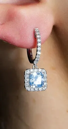 Andie 3 Carats Cushion Cut Lab Grown Fancy Vivid Blue Diamond Drop Earrings in 18K White Gold