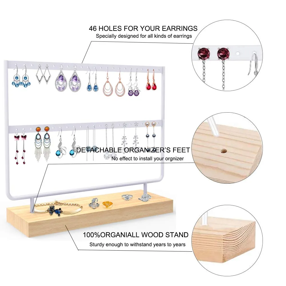 ANNDOFY Earrings Organizer Jewelry Display Stand, 2-Tier Earring Holder Rack for Hanging Earrings, Metal and Wood Basic Large Storage Earring Jewelry Display Tree as Women Girls Gift White