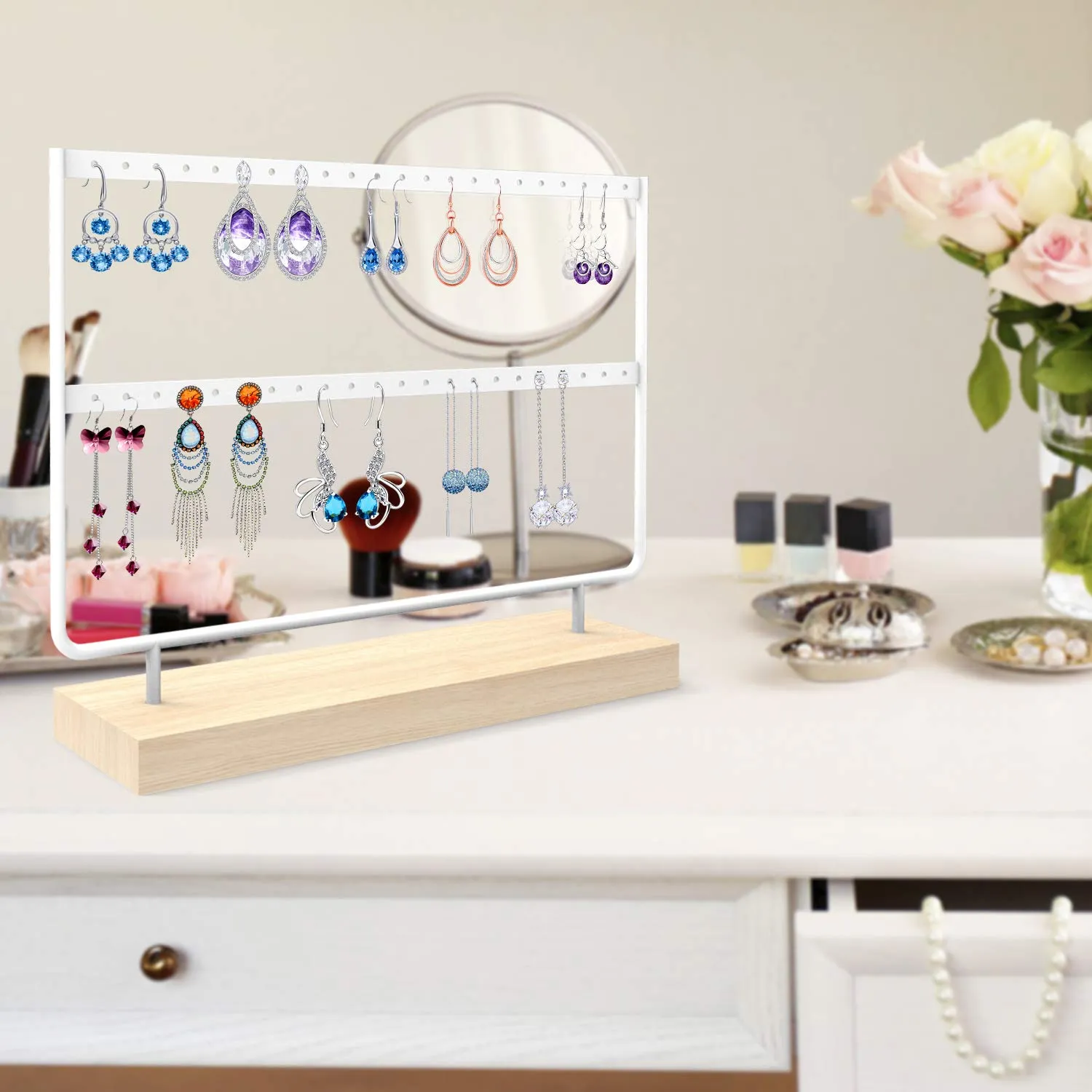 ANNDOFY Earrings Organizer Jewelry Display Stand, 2-Tier Earring Holder Rack for Hanging Earrings, Metal and Wood Basic Large Storage Earring Jewelry Display Tree as Women Girls Gift White