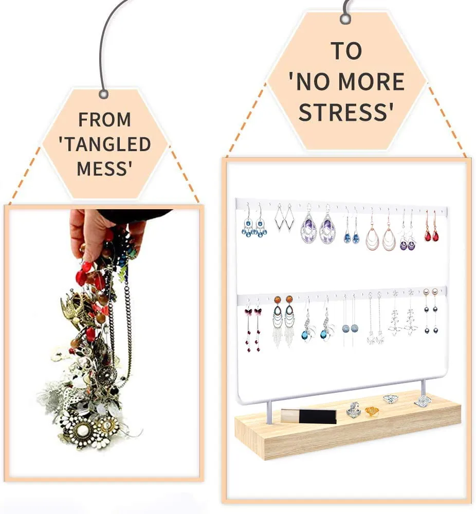 ANNDOFY Earrings Organizer Jewelry Display Stand, 2-Tier Earring Holder Rack for Hanging Earrings, Metal and Wood Basic Large Storage Earring Jewelry Display Tree as Women Girls Gift White