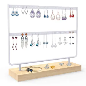 ANNDOFY Earrings Organizer Jewelry Display Stand, 2-Tier Earring Holder Rack for Hanging Earrings, Metal and Wood Basic Large Storage Earring Jewelry Display Tree as Women Girls Gift White