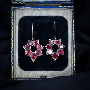 Antique Georgian Flat Cut Garnet 9ct Gold Star Earrings