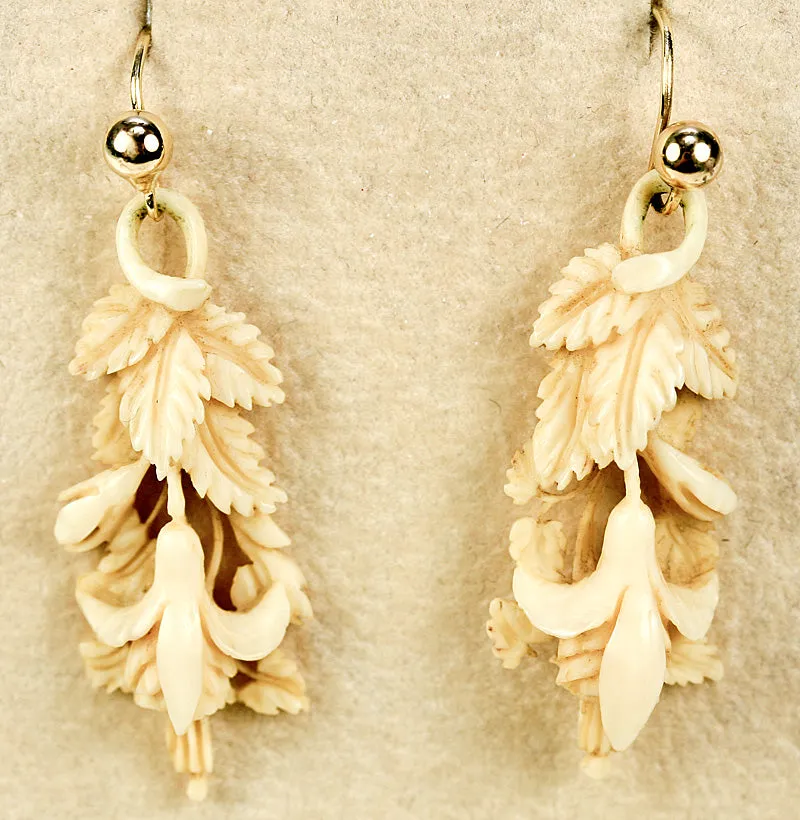 Antique Victorian Era Hand Carved Ivory Earrings Pair in Camelback Box, 10k Gold