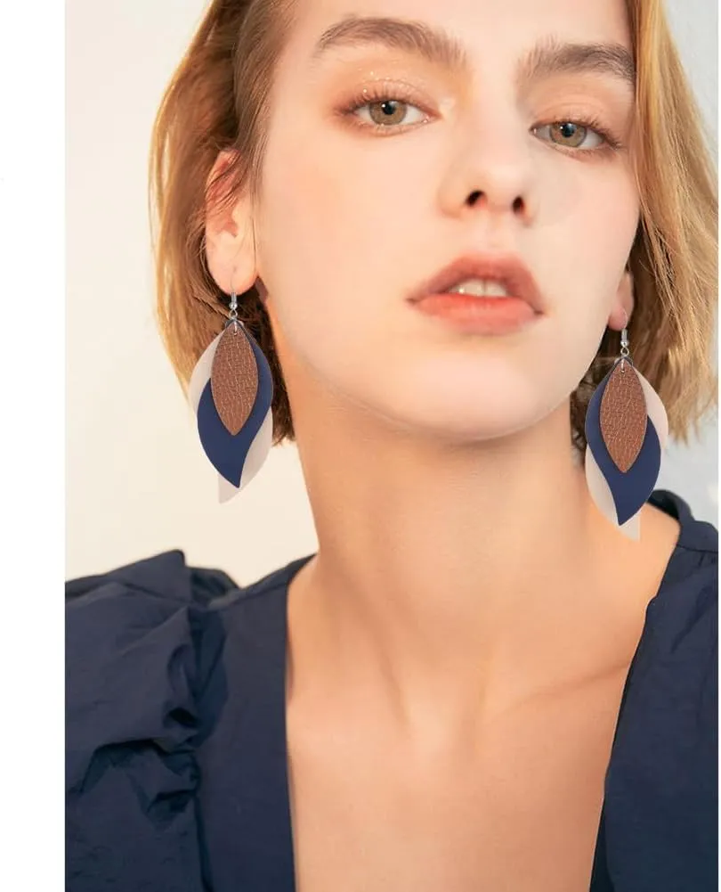 ANXIN boho unique Leather Earrings 2 Layered Lightweight Faux Leather Leaf Earrings Layered Design Drop Earrings Gift for Women