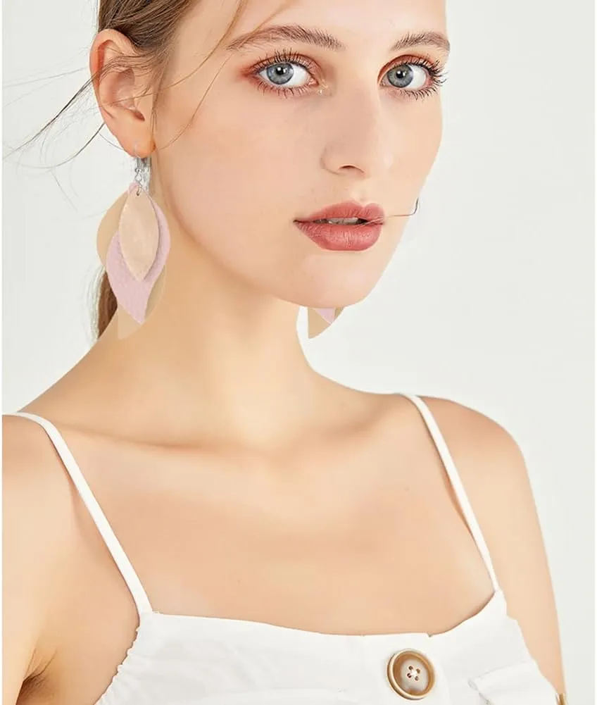 ANXIN boho unique Leather Earrings 2 Layered Lightweight Faux Leather Leaf Earrings Layered Design Drop Earrings Gift for Women