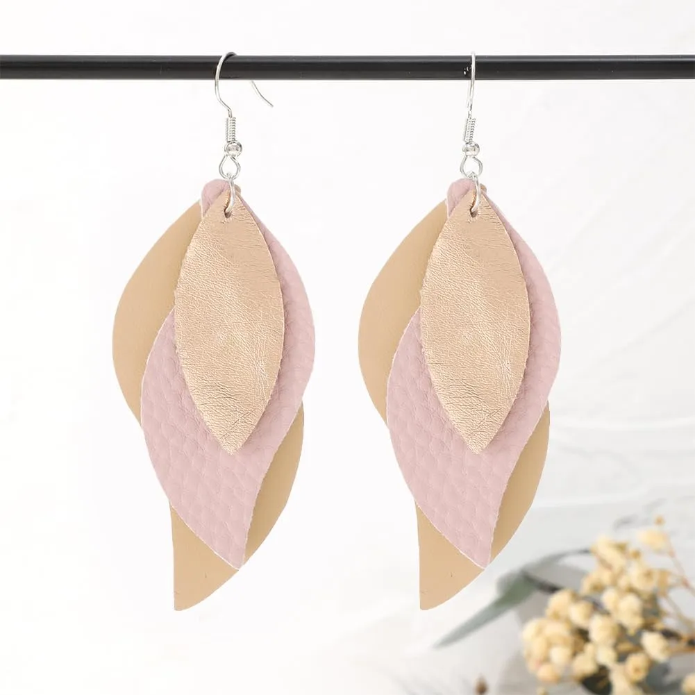 ANXIN boho unique Leather Earrings 2 Layered Lightweight Faux Leather Leaf Earrings Layered Design Drop Earrings Gift for Women