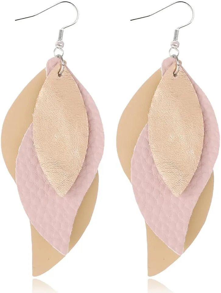 ANXIN boho unique Leather Earrings 2 Layered Lightweight Faux Leather Leaf Earrings Layered Design Drop Earrings Gift for Women