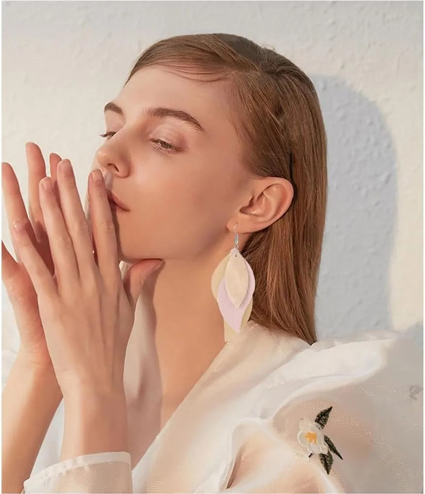 ANXIN boho unique Leather Earrings 2 Layered Lightweight Faux Leather Leaf Earrings Layered Design Drop Earrings Gift for Women